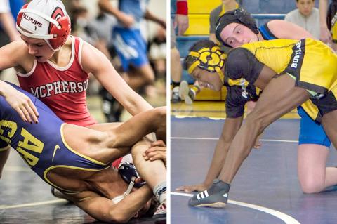 McPherson's Mya Kretzer and Nickerson's Nichole Moore are two of the state's top wrestlers.