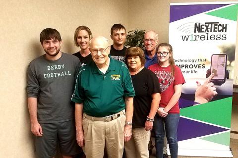 The 2019 Nex-Tech Wireless Fall Supporting Cast. Front row, left-to-right: Carl Werner, Sandi Bartz and Heidi Jones. Back row: Brett Jones, Jennifer Shiew, Tyler Engel and Don Wiens. (Photo by John Baetz)