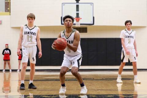 From left-to-right: Ty Herrmann, Xavier Bell and Braden Belt have the Andover Central Jaguars atop the AV-CTL II standings and trailing only Maize in the KBCA 5A rankings. The trio of Bell, Belt and Easton Leedom are averaging at least 16.3 points per game each to comprise one of the top scoring trios in Kansas. (Photo courtesy Janet Fleske Photography)