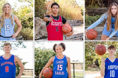 Clockwise from top left: Clearwater's Carli Calrson, Wichita Heights' Marcus Zeigler, Cimarron's McKayla Miller, Andover's Eli Shetlar, Hugoton's Summya Adigun, and Ellinwood's Britton Dutton were among the players selected for the Kansas Basketball Coaches Association's annual All-Star Game scheduled for June 24th at Kansas Wesleyan University in Salina. (Photos: Heather Kindall Photography)