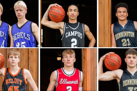Pictured, clockwise from the top left: South Gray's Joey Dyck and Dominic Martin, Campus' Kaason Thomas, Bennington's Mister Smith and Eli Lawson, Ellsworth's Will Cravens, and Beloit's Bryce Beisner. (Photos: Heather Kindall Photography)