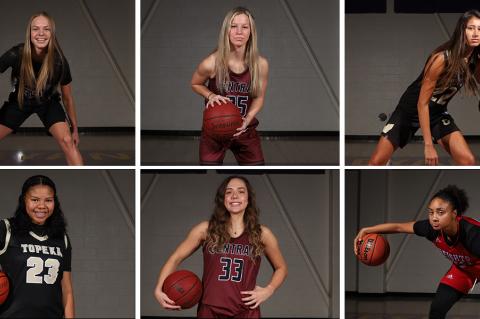 Clockwise from top left: Sterling's Kali Briar, Salina's Aubrie Kierscht, Andover Central's Brittany Harshaw, Wichita Heights' Zyanna Walker, Salina Central's Hampton Williams and Topeka's Kiki Smith are just a few of the girls honored by the KBCA. (Photos by Connor Waltz)