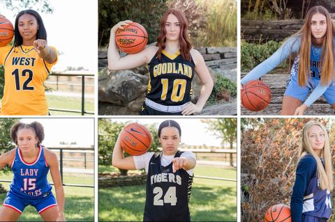 Clockwise from the top left: Shawnee Mission West's S'Mya Nichols, Goodland's Talexa Weeter, Cimarron's McKayla Miller, Phillipsburg's Taryn Sides, Blue Valley's Jadyn Wooten, and Hugoton's Summya Adigun earned All-State honors from the Kansas Basketball Coaches Association. (Photos by Heather Kindall) 
