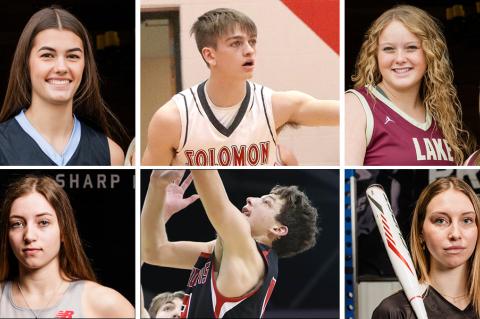 Clockwise from top left: Riverside's Taylor Weishaar, Solomon's Spencer Coup, Silver Lake's Makenzie McDaniel and McKinley Kruger, Rossville's Emma Mitchell, Hodgeman County's Owen Reece and Macksville's Mayce Russell. (Coup photo by Brad Anderson, Abilene Reflector-Chronicle; Reece photo by Jennifer Shiew; All others by Heather Kindall Photography)