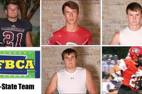 Among the members of this year's KFBCA Class 1A All-State team are, clockwise from top left: Plainville's Jared Casey, Smith Center's Joel Montgomery, Ell Saline's Luke Parks, Sedgwick's Kale Schroeder and Republic County's Eyann Zimmerman. (KPG File Photos)