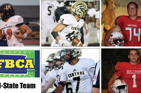 Among the members of this year's KFBCA Class 4A All-State team are, clockwise from top left: Bonner Springs' Bryce Krone, Andover Central's Trey DeGarmo, Tonganoxie's Cole Sample, McPherson's Cody Stufflebean and Andover Central's Xavier Bell. (Krone, Sample, Stufflebean KPG File Photos; DeGarmo and Bell photos by Anna Harter)