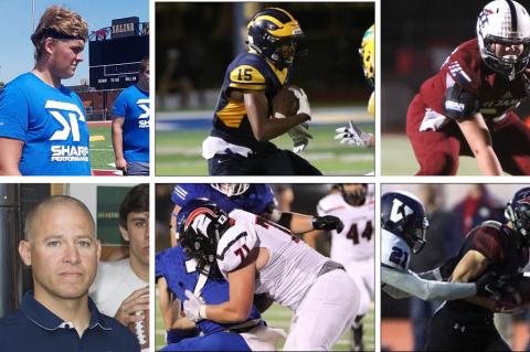 Among the members of this year's KFBCA Class 5A All-State team are, clockwise from top left: Maize South's Cody Fayette, Wichita Northwest's Zion Jones, St. James Academy's Max Kalny, Great Bend's Alex Schremmer, Emporia's Riley Wagner and Mill Valley coach Joel Applebee. (KPG File Photos)