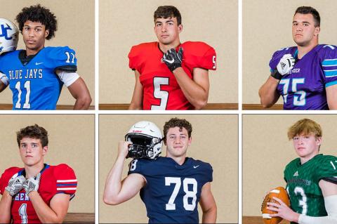 Clockwise from top left: Junction City's Michael Boganowski, Conway Springs' Brayden Kunz, Nemaha Central's Holden Bass, Blue Valley Southwest's Dylan Dunn, Mill Valley's Gus Hawkins, and Cheney's Jack Voth are just a few of the players selected for the KFBCA's All-State teams. (Photos: Heather Kindall)