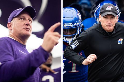 K-State head coach Chris Klieman and KU head coach Lance Leipold will headline the 2022 Kansas Football Coaches Association Clinic scheduled for Feb. 20th and 21st in Wichita. (Klieman photo courtesy K-State Sports Information; Leipold photo by Missy Minear/Kansas Athletics)
