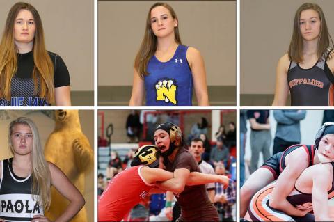 Pictured, clockwise from top left: Junction City's Elisa Robinson, Nickerson's Nichole Moore, Onaga's Morgan Mayginnes, Marysville's Elise Rose, Garden City's Angelina Serrano and Paola's Jordyn Knecht. (Photos by Everett Royer)