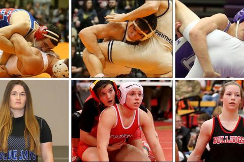 Pictured, clockwise from top left: Eureka's Brennan Lowe, Silver Lake's Kai Allen, Louisburg's Cade Holtzen, Marysville's Elise Rose, McPherson's Hayley Schafer and Junction City's Elisa Robinson. (Holtzen photo courtesy Andy Brown, Louisburg Sports Zone; All other photos by Everett Royer, KSportsImages.com)