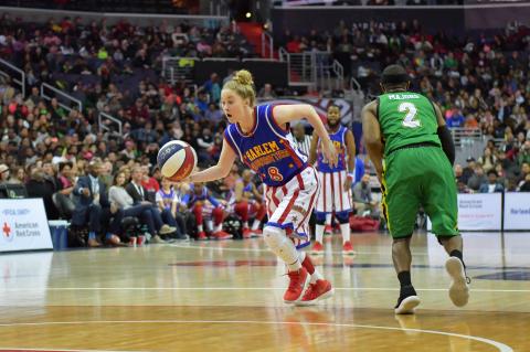 Southeast of Saline grad Hannah "Mighty" Mortimer will highlight the Harlem Globetrotters trip to Salina. (Photo by Brett Meister, courtesy Harlem Globetrotters)
