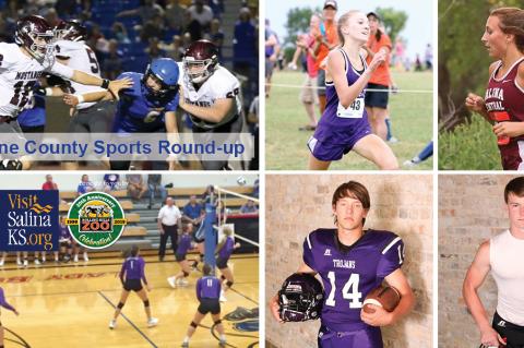 Pictured clockwise from top left: Salina Central QB Jackson Kavanagh (Photo: Huey Counts); Southeast of Saline XC runner Jentrie Alderson (Counts); Salina Central XC runner Kadyn Cobb (Counts); Ell-Saline RB Luke Parks (Photo: Bree McReynolds-Baetz); SES QB Jaxson Gebhardt (McReynolds-Baetz); SES volleyball (Photo: SES Athletics).