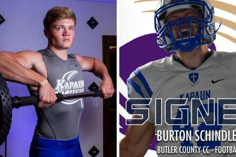 Kapaun defensive end/linebacker Burton Schindler, part of our "Weighting Game" feature, signed with Butler Community College. (Left photo by Joey Bahr, edit on the right courtesy Kapaun Athletics) Kapaun defensive end/linebacker Burton Schindler, part of our "Weighting Game" feature, signed with Butler Community College. (Left photo by Joey Bahr, edit on the right courtesy Kapaun Athletics)