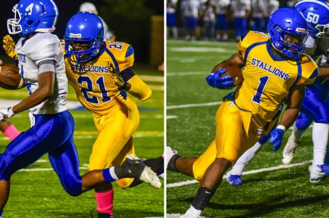 Manowa Ngenzirabona (#21, left) and Jaylin Richardson will start their quest to lead Schalgle to a KC-AL championship tonight against Atchison. (Photos by Brian Turrel, Wyandotte Daily News)