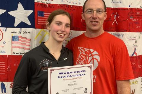 Hattie Gros is pictured with her father, Wayne, a Wabaunsee High School alum, after last night's overtime win. (Courtesy Photo)