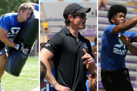 Jake Sharp (center) addresses prospects at the second annual Top Prospect Showcase at Kansas Wesleyan's Graves Family Sports Complex Friday in Salina. Plainville Jared Casey (left) and Wamego's Isiah Childs are just two of more than 200 athletes who performed football specific drills for coaches and media in attendance. (Photos by Everett Royer, KSportsImages.com)
