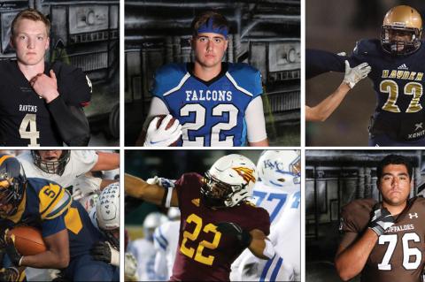 Clockwise from top left: Maur Hill's Andrew Schwinn, West Franklin's Cameron Wise, Topeka Hayden's Desmond Purnell, Garden City's Trey Nuzum, Hays High's Gaven Haselhorst and Wichita Northwest's Julius Bolden are just six of 72 all-star football players from across Kansas participating in this weekend's Kansas Shrine Bowl in Hutchinson.