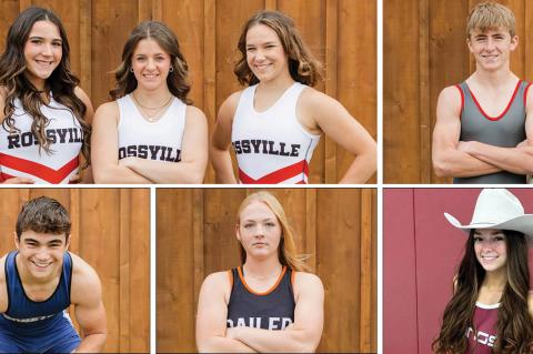 Clockwise from top left: Rossville's Hailey Horton, Kendra Hurla, and Keera Lacock, Chase Johnson of Minneapolis, Topeka-Seaman's Ellie Ayres, Kaydawn Haag of Ellis, and Sabetha's Colin Menold are among the wrestlers selected for the first ever Kansas Shrine Duals. (Ellie Ayers photo courtesy Seaman Vikings wrestling Facebook page all others by Heather Kindall Photography)