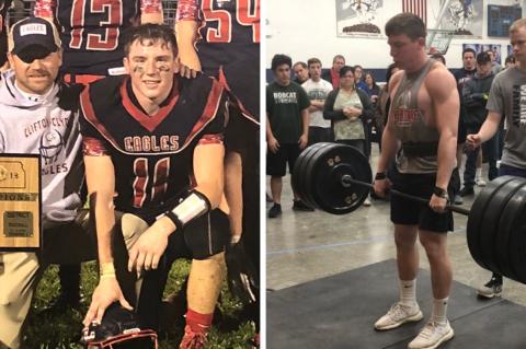 Left: Russ and Drake Steinbrock pose with the district championship trophy last fall. Right: Drake prepares to execute a successful attempt at 320 pounds and break the Horton Powerlifting Meet record at 181 pounds. (Courtesy Photos)