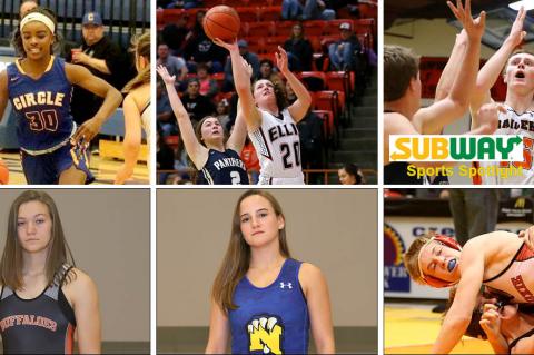 Pictured, clockwise from top left: Circle's Kimalee Cook, Ellis' Grace and Zach Eck, Hoxie's Dylan Weimer, Nickerson's Nichole Moore and Onaga's Morgan Mayginnes. (Cook photo by Circle Yearbook, all others by Everett Royer, KSportsImages.com)