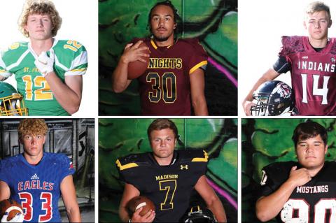 Pictured clockwise from top left: St. Francis' Shadryon Blanka, Victoria's Jayvon Pruitt, Wichita County's Kayde Rietzke, Sylvan-Lucas' Tra Barrientes, Madison's Hunter Engle and Canton-Galva's Brayden Collins are six of the Top 16 seniors in 8-Man football as voted on by the 8-Man coaches of Kansas. (All photos by Bree McReynolds-Baetz)