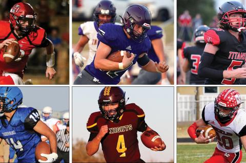 Clockwise from top left: Hoxie's Ashton Dowell, Meade's Korben Clawson, Attica/Argonia's Xander Newberry, Bucklin's Scott Price, Victoria's Grant Schoenrock, and Wheatland-Grinnell's Isaac Mendez.