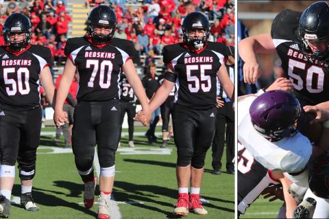 Pictured, left to right: Little River seniors Kaden Schafer, Kyle Bruce and Carter Holloway. Right: Schafer jumps on the pile in Little River's title game matchup with Meade. (Photos by Everett Royer, KSportsImages.com)