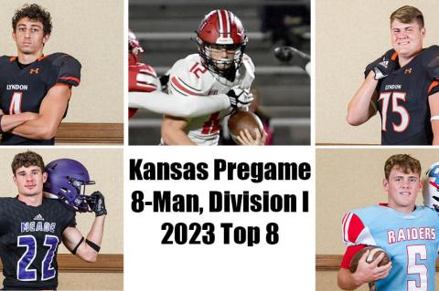 Clockwise from bottom left: Meade's Brock Keith, Lyndon's Tanner Heckel, Hoxie's Jonathan Mader, Lyndon's Kaiden Massey, and Central Burden's Jace Wunderlich are among the 8-Man Division I Top 8 selections for 2023, as voted on by Kansas high school football coaches. (Photos: All photos except Mader are by Heather Kindall; Mader photo by Kinley Rogers, Hoxie High School Journalism)