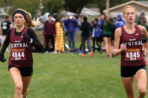 Salina Central's Katelyn Rupe and Kaylie Shultz took first and second at the 5A regional meet at Great Bend on Saturday. (Photo: Huey Counts)