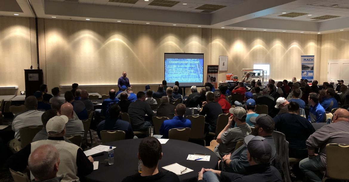 New Kansas State coach Chris Klieman spoke to a packed house to kick-off Friday night's Kansas Football Coaches Association Clinic in Wichita. (Photo by Rod Stallbaumer)