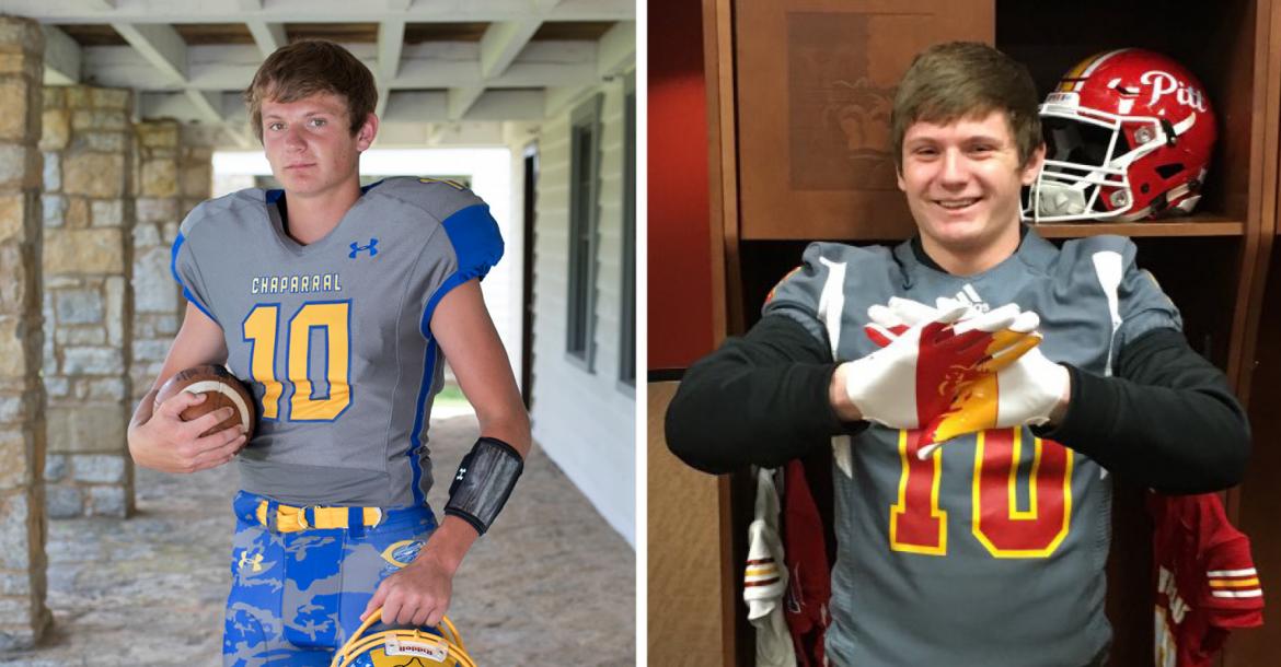 Jake Burke, a Kansas Pregame coverboy from Chaparral who played QB and safety in high school, accepted a scholarship offer from Pittsburg State, where he'll likely transition to linebacker. (Left photo by Derek Livingston, right photo courtesy Jake Burke)