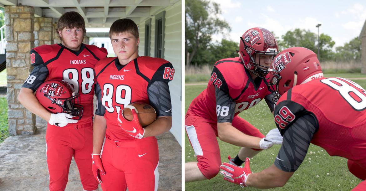 Hoxie's Colton Heskett and Jarrod Dible were anchors of the offensive and defensive lines and led the team to a state title in 2017. (Photos by Derek Livingston)