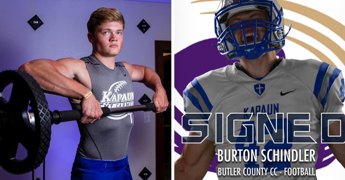 Kapaun defensive end/linebacker Burton Schindler, part of our "Weighting Game" feature, signed with Butler Community College. (Left photo by Joey Bahr, edit on the right courtesy Kapaun Athletics)