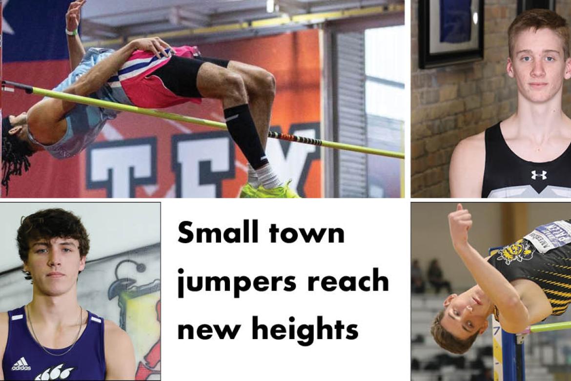Clockwise from top left: West Elk's Devin Loudermilk, Sterling's Tyus Wilson, St. John's-Beloit/Tipton's Brady Palen, and Burlingame's Matthew Heckman are all big-time college high jumpers from small-town Kansas. (Photos: Elicia Castillo, Joey Bahr, Larry Staton, Joey Bahr)