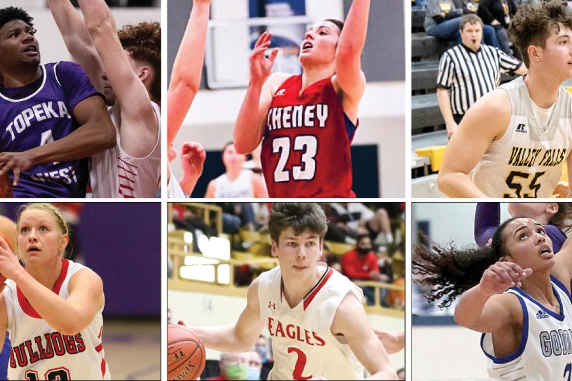 Clockwise from top left: Topeka West's Elijah Brooks, Cheney's Brynn McCormick, Valley Falls' Avery Gatzemeyer, Goddard's Maycee James, Maize's Kyle Grill and Golden Plains' Kassie Miller are just a few of this year's KBCA All-Star selections. (Photo credit: Chance Parker/Topeka Capital-Journal, Jean Nance, Tiffany Sieve, Mike Hogan, Everett Royer/KSportsImages.com)