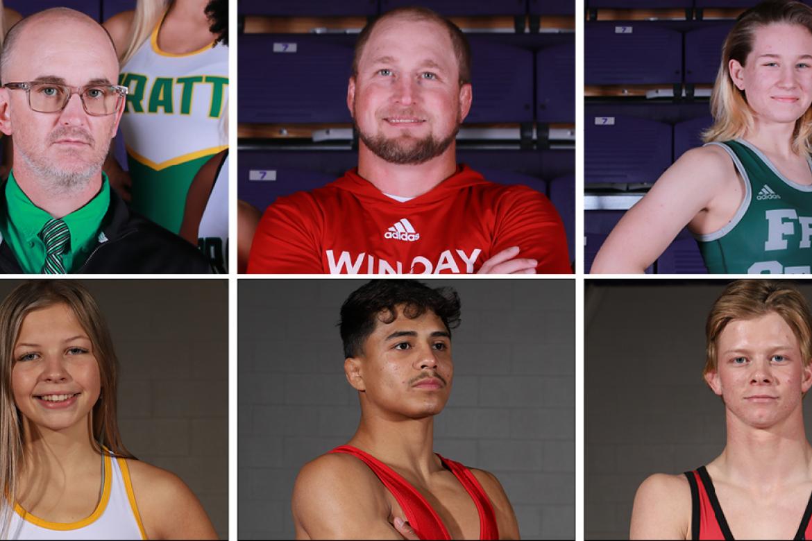 Clockwise from top left: Pratt's Tate Thompson, Dodge City's Tate Lowe, Lawrence Free State's Madyson Gray, Hoxie's Drew Bell, Dodge City's Damian Mendez and Pratt's Livia Swift are just a few of the athletes recognized with KWCA awards following completion of the 2022 season. (Photos by RJ Forbus and Connor Waltz, For Kansas Pregame)