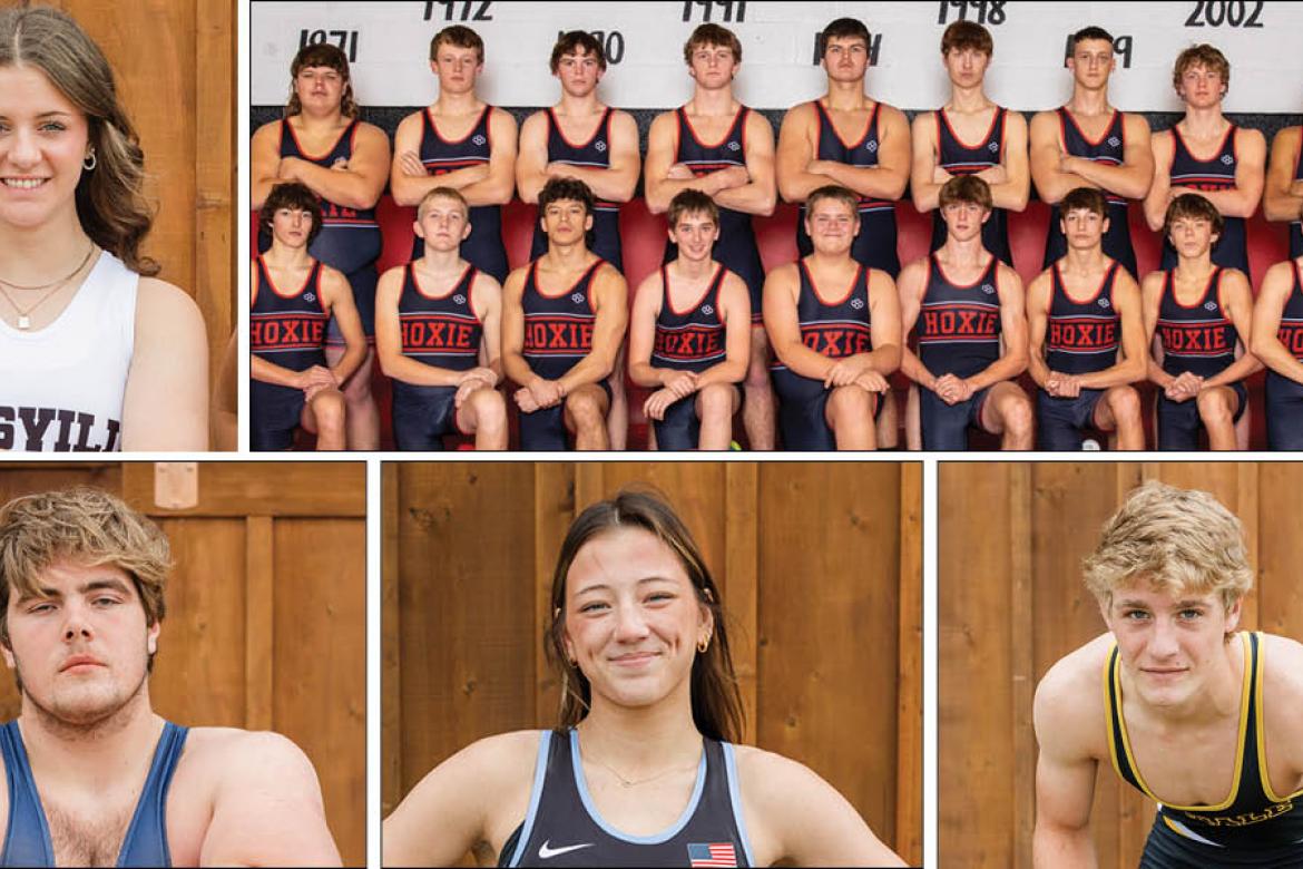 Clockwise from top left: Rossville's Kendra Hurla, the Hoxie boys, Andale's Owen Eck, Olathe South's Nicole Redmond, and Olathe East's Brett Carroll are among KWCA's 2024 annual award selections.